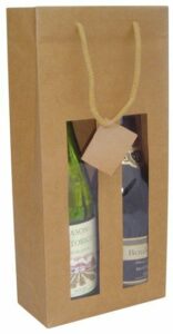 Bolsa de lujo para botella en papel kraft verjurado natural con ventana. asa de cordón textil - caja de 25 uds