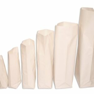 50 Bolsas de papel tipo americano con base, papel blanco brillo.