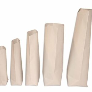 100 Bolsas de papel tipo americano con base, papel estraza semi blanco. 15×27 cms.