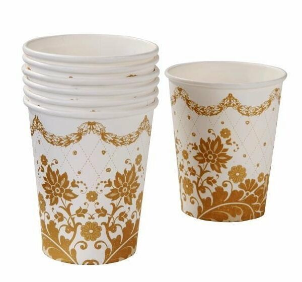 Vaso de papel dorado y blanco 250ml. c/12 uds