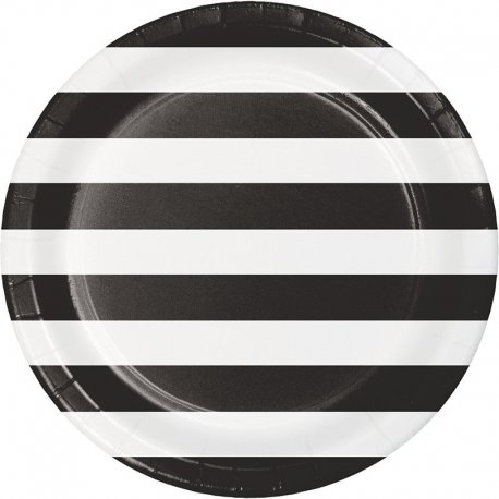 12 Platos de papel, rayas negras y blancas. 23 cms