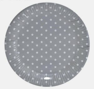 Plato-papel-gris-estrellas-blancas-mesa-fiesta
