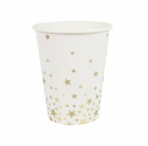 8 Vasos de papel blanco con estrellas doradas.