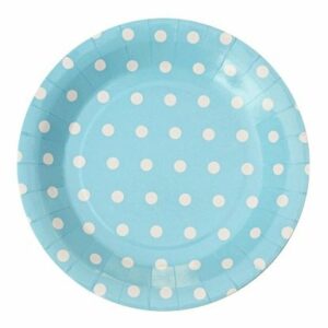 12 Platos de cartón-papel, azul claro con lunares blancos