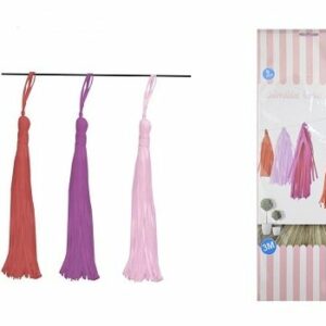 Guirnalda con borlas-tassel de papel. Tonos rosa-fucsia-rojo