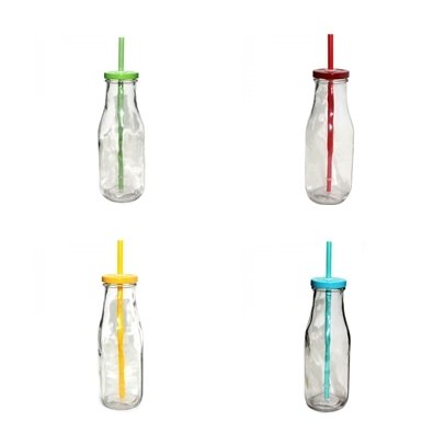 4 Botellas de cristal con tapa metálica de colores surtidos y pajita