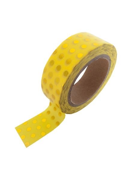 Washi tape amarillo con lunares foil dorado. 15 mm x 10 m