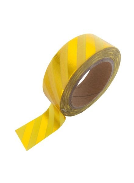 Washi tape amarillo con rayas foil dorado. 15 mm x 10 m