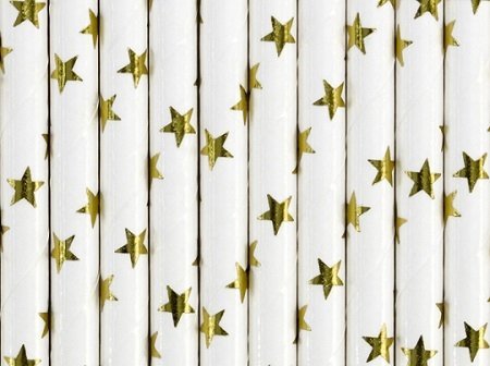 10 Pajitas de papel, blancas con estrellas doradas brillo.