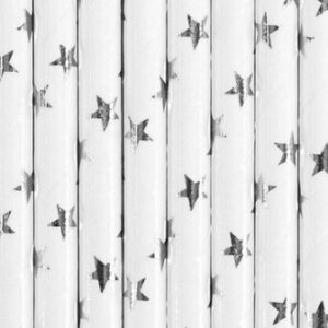 10 Pajitas de papel, foil, estrellas plateadas, brillo