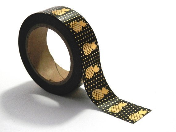 Washi tape negro, piña foil dorada. 15 mm x 10 m