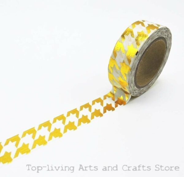 Washi tape blanco, pata de gallo, foil dorada. 15 mm x 10 m