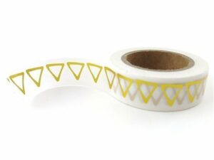 Washi tape blanco, triángulo metalizado oro. 15 mm x 10 m