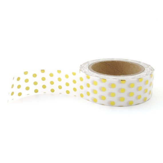 Washi tape blanco, lunar metalizado oro. 15 mm x 10 m