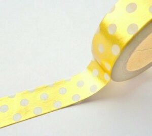 Washi tape metalizado oro, lunares blancos. 15 mm x 10 m