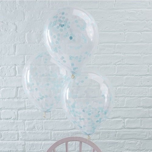 5 Globos de látex, transparente con confeti azul.