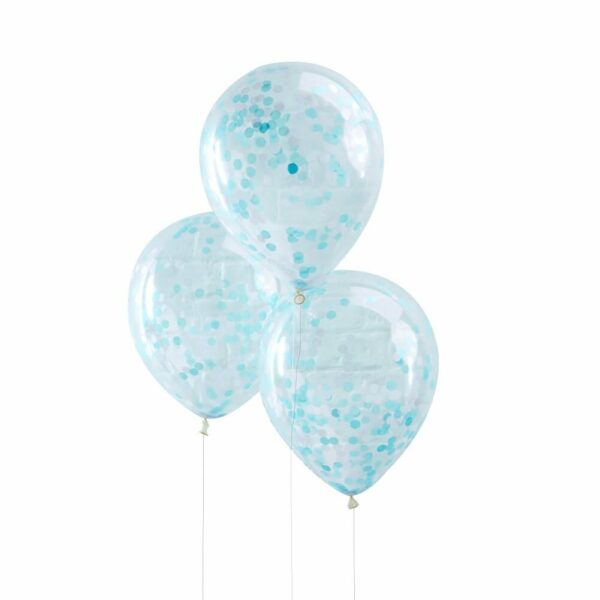 5 Globos de látex, transparente con confeti azul.