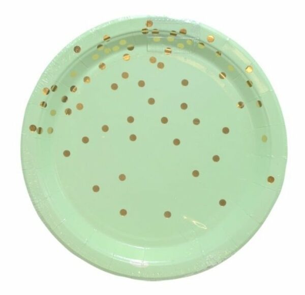 6 Platos de papel verde agua-mint con lunares-confeti dorados. 23 cms