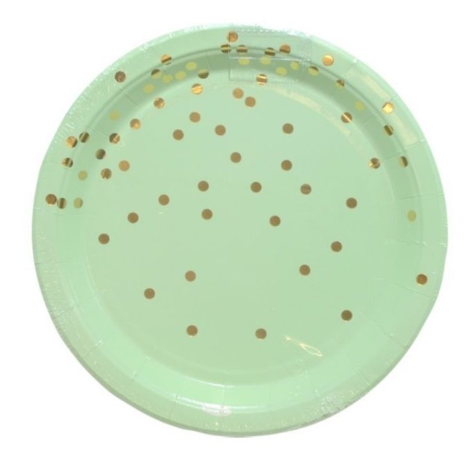 6 Platos de papel verde agua-mint con lunares-confeti dorados. 23 cms
