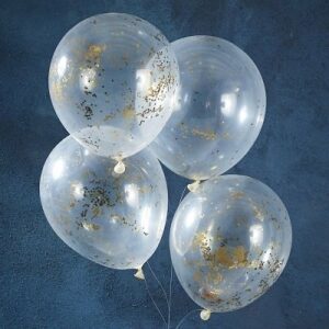 5 Globos de látex, transparente con glitter-purpurina dorada