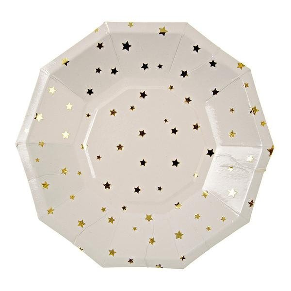 6 Platos de papel blancos con estrellas doradas. 18 cms