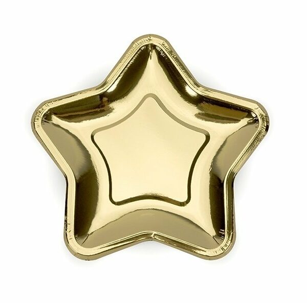6 Platos de papel en forma de estrella dorada. 18 cms