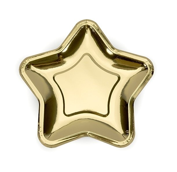 6 Platos de papel en forma de estrella dorada. 18 cms