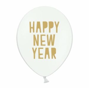 10 Globos blancos con texto dorado. HAPPY NEW YEAR