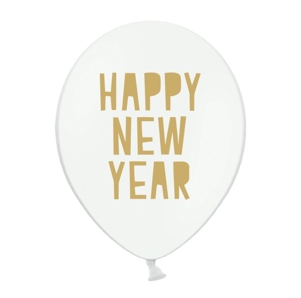 10 Globos blancos con texto dorado. HAPPY NEW YEAR