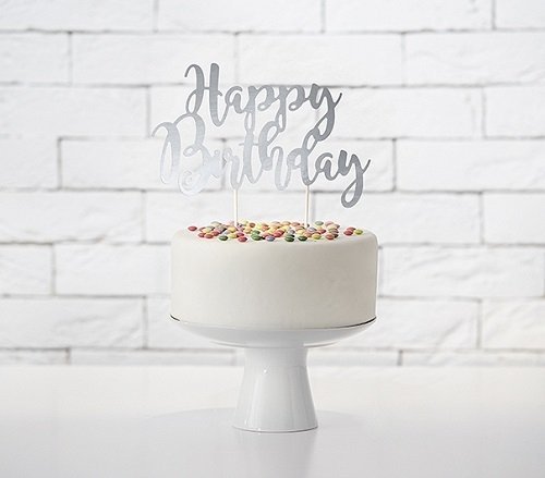 Topper para tarta, plateado. Happy Birthday