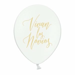 10 Globos blancos con texto dorado. VIVAN LOS NOVIOS