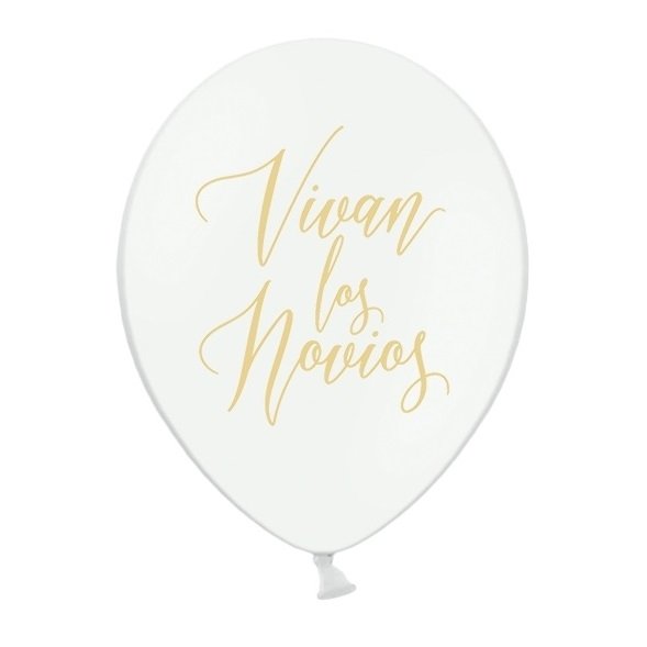 10 Globos blancos con texto dorado. VIVAN LOS NOVIOS
