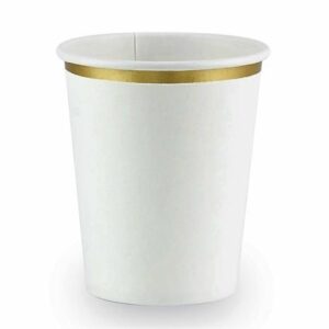 6 Vasos de papel, blancos con filo dorado