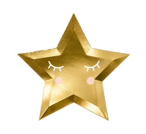 6 Platos de papel en forma de estrella dorada con carita. 27 cms