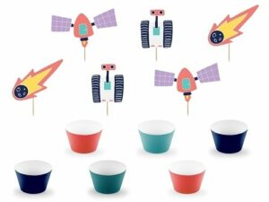 Set de 6 envolturas para cup cake y 6 toppers. Fiesta Espacial