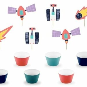 Set de 6 envolturas para cup cake y 6 toppers. Fiesta Espacial