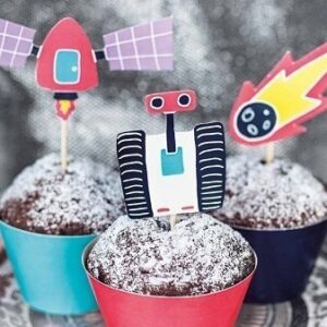 Set de 6 envolturas para cup cake y 6 toppers. Fiesta Espacial