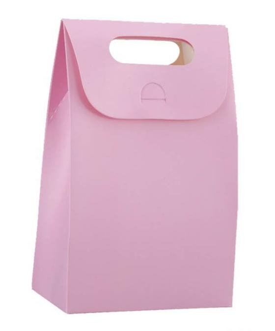 caja-bolsa rosa. Asa troquelada