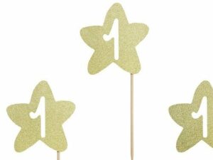 6 Toppers estrella oro glitter. 1 primer cumpleaños