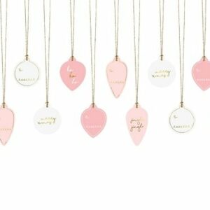 6 Etiquetas colgantes navideñas, Bolas rosa y oro