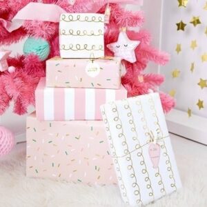 6 Etiquetas colgantes navideñas, Bolas rosa y oro