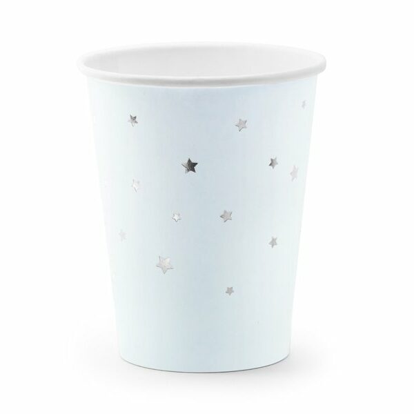 6 Vasos azul claro con estrellitas plateadas.