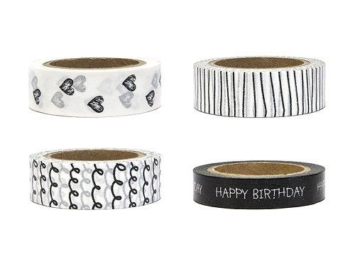 4 Rollos de Washi tape blanco y negro