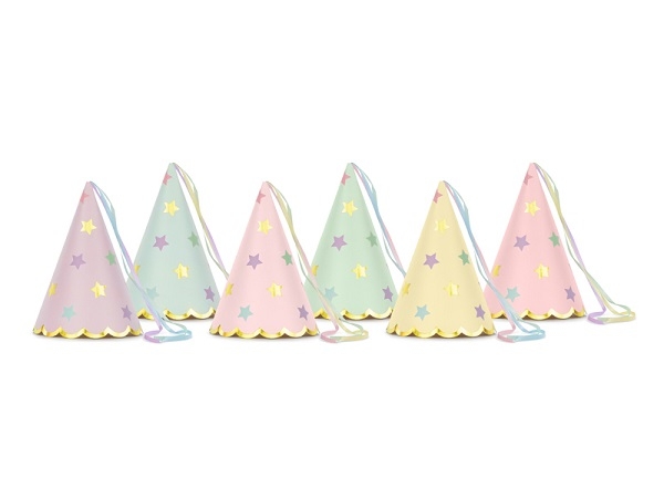 6 Gorritos de fiesta estrellas pastel con cintas