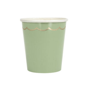 Vasos-verde-eucalipto-feston-dorado-fiesta-navidad-papel-deshechables-gramajeshop-valencia
