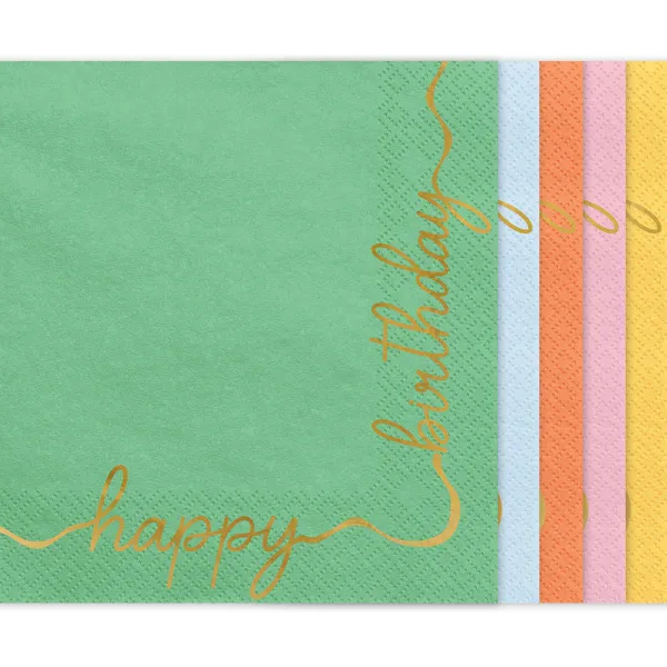 12 servilletas color mix con texto dorado. Happy birthday
