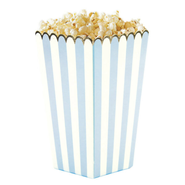 8 Cajas para palomitas rayas azul claro con festón dorado