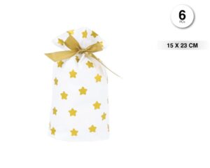 Bolsas blancas con estrellas doradas y lazo 15x23cms -6uds-